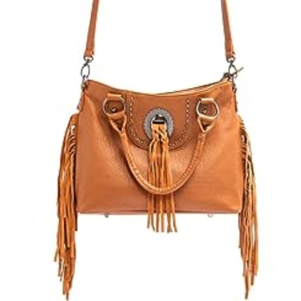 Shyanne Kinsey Fringed Concho Faux Leather Satchel Handbag Crossbody Purse Bag